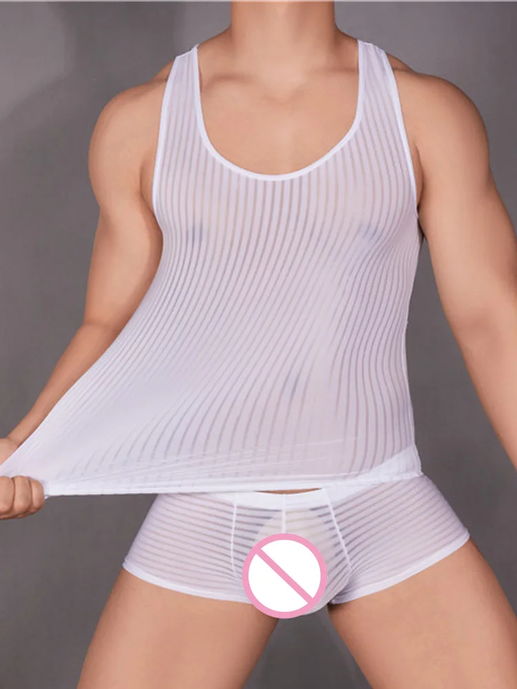 Yoga Fitness Club - Stripe Sheer เสื้อกั๊กผู้ชายเซ็กซี่สูง Elastic Tank Tops